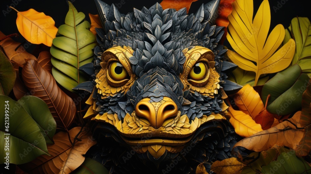 Poster a close up of a statue of a bird surrounded by leaves. generative ai image.