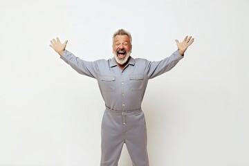 man in his 50s that is wearing a chic jumpsuit against a white background