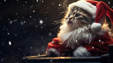 A cat wearing a santa claus outfit sitting on top of a laptop. Generative AI image.