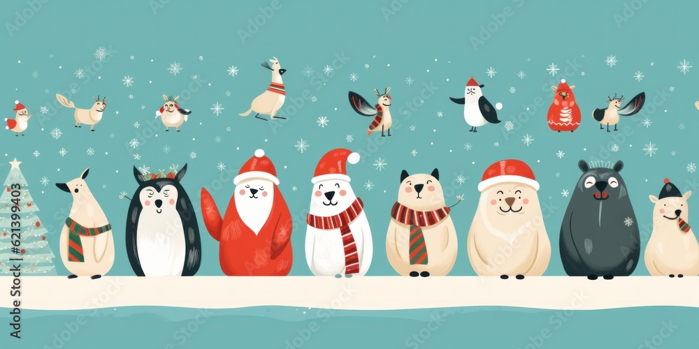 Canvas Prints A group of animals wearing christmas hats and scarves. Generative AI image.