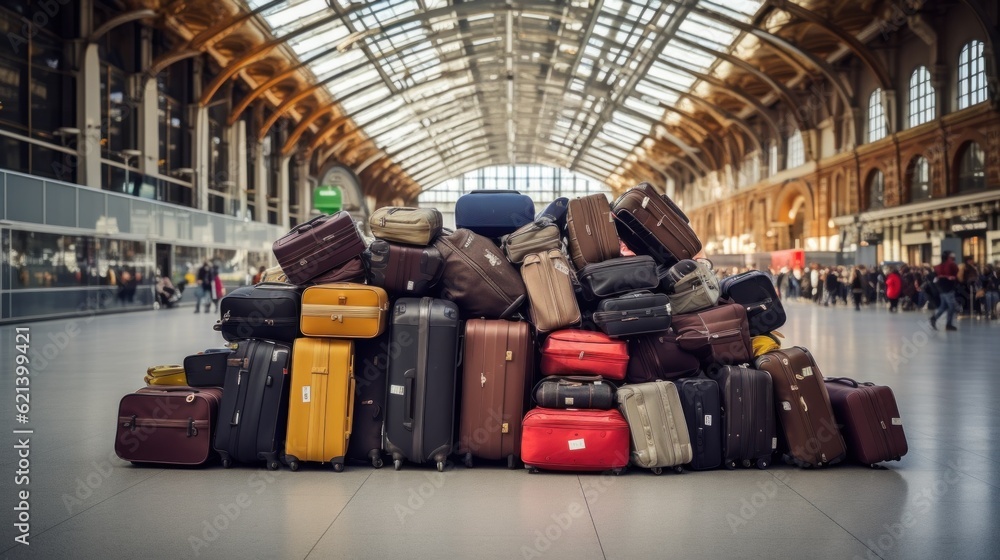 Canvas Prints A pile of luggage sitting inside of a train station. Generative AI image.