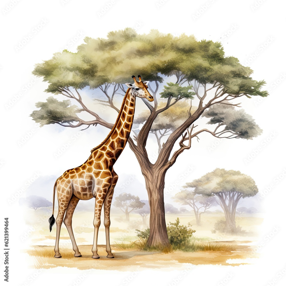 Poster a giraffe standing in front of a tree. generative ai.