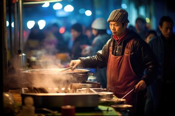 On a bustling street market in Southeast Asia, a vendor is preparing traditional street food under the warm glow of hanging lanterns. Generative AI