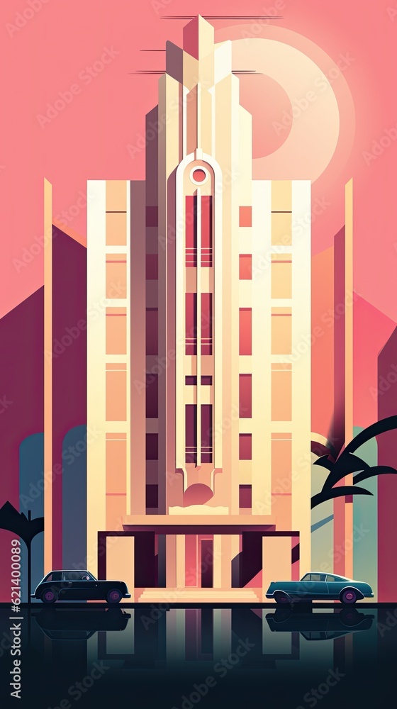Aufkleber a large building with a clock on top of it. generative ai. poster in art deco style. digital wallpap