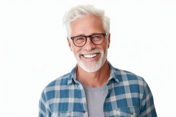 man in his 50s that is wearing a casual plaid dress against a white background