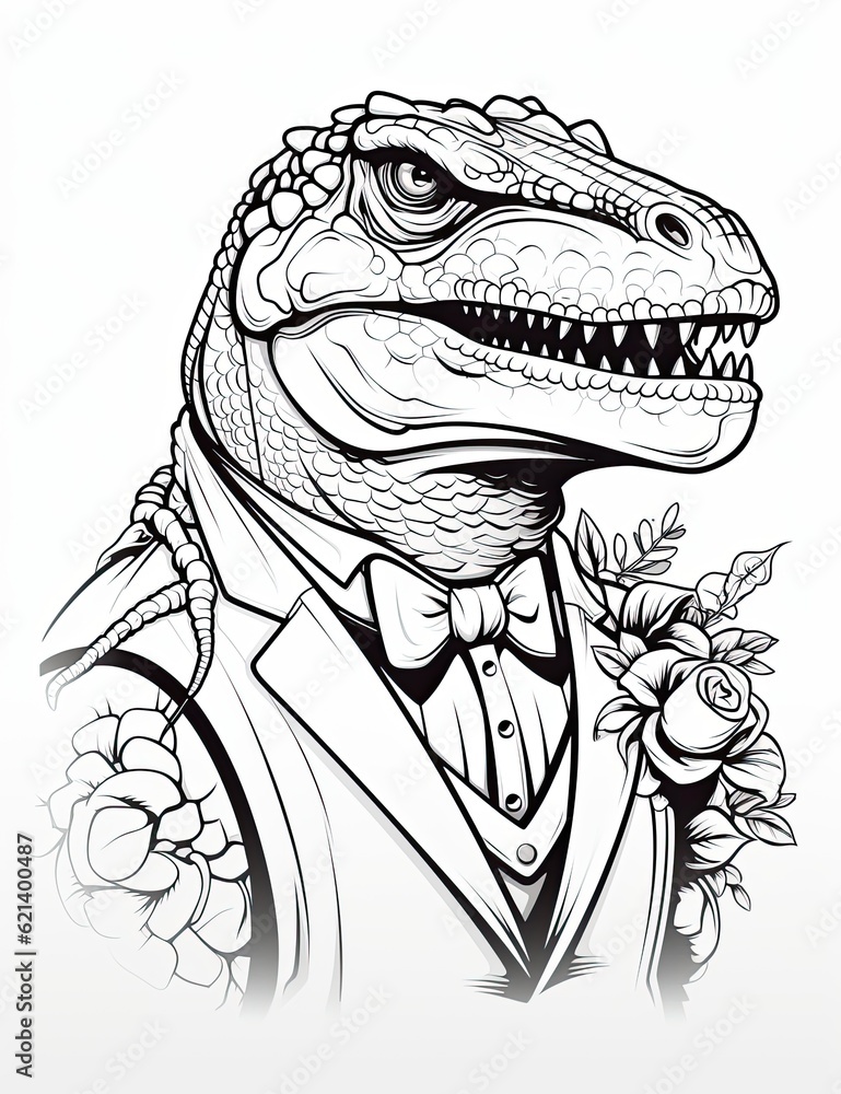Poster a drawing of a t-rex wearing a tuxedo. generative ai.