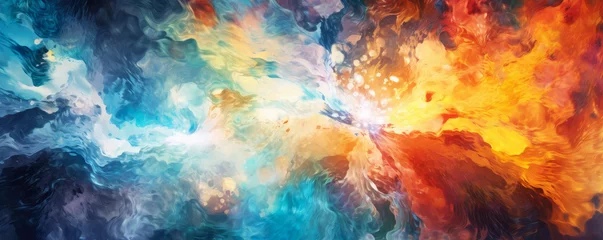 Behang Mix van kleuren abstract background resembling a fusion of water and fire, with swirling waves and fiery bursts, capturing the elements in a mesmerizing dance panorama