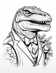 A drawing of a t-rex wearing a tuxedo. Generative AI.