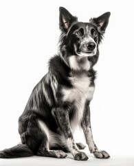 Loyal Black and White Dog Sitting in Front of White Background Generative AI