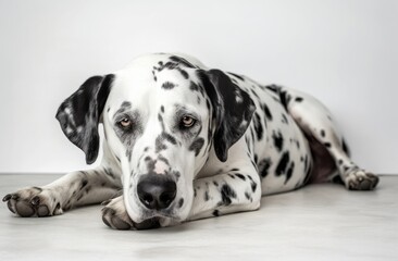 Adorable Black and White Dog Lying on White Background Generative AI