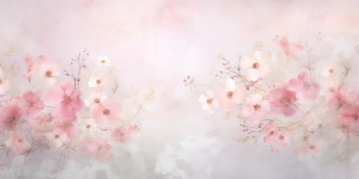 A painting of pink flowers on a white background. Generative AI. Floral backdrop.