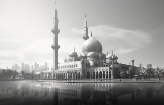 Beautiful Black & White Photo of a Majestic Mosque Generative AI