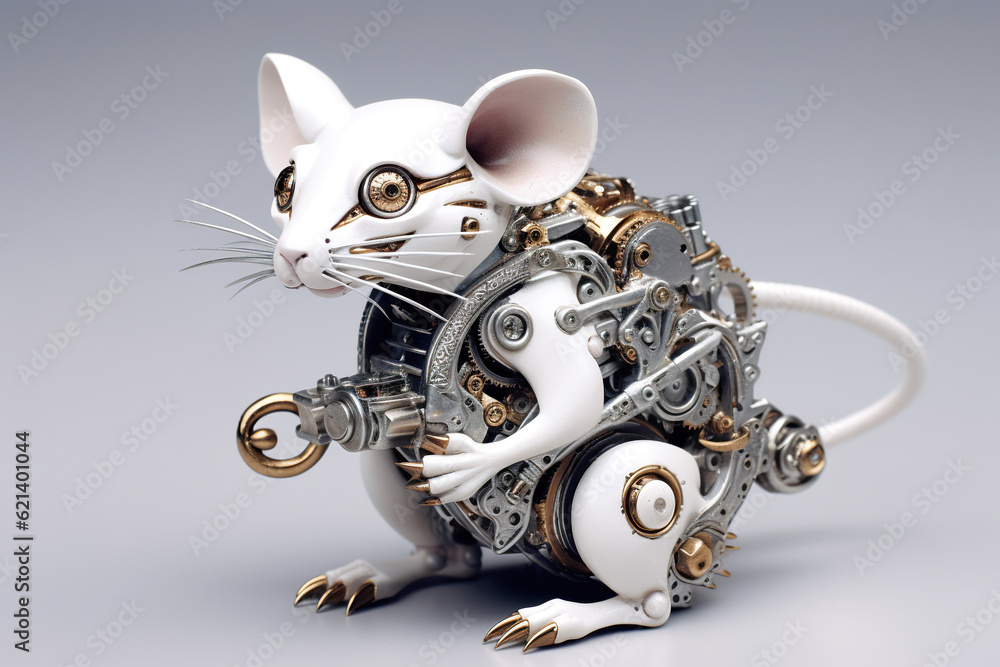 Poster a close up of a mouse with a clock on its back. generative ai. mechanical creature.