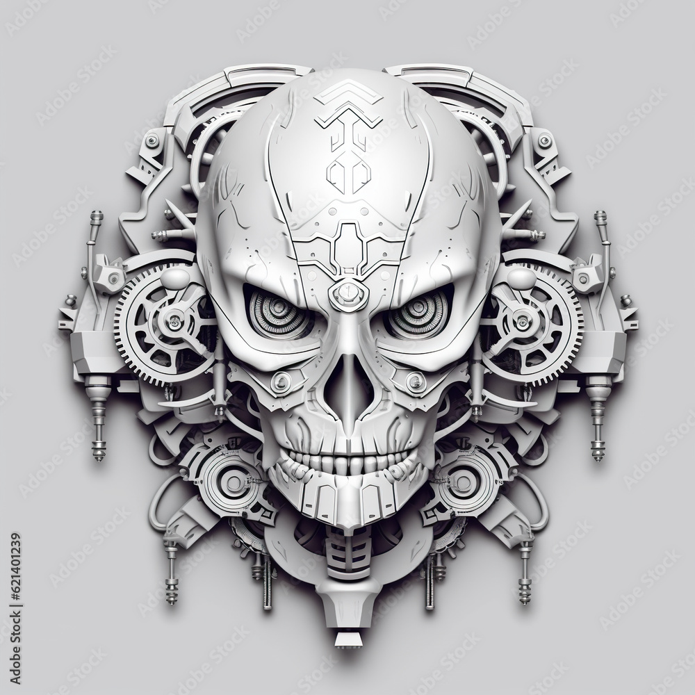 Poster a skull with gears on a gray background. generative ai. mechanical creature.