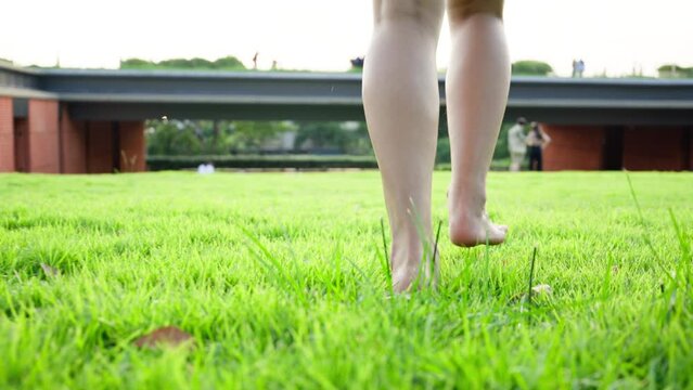 Bare Feet Walking On The Grass. Close Up Shot Of Barefoot Stepping On Lawn At Public Park