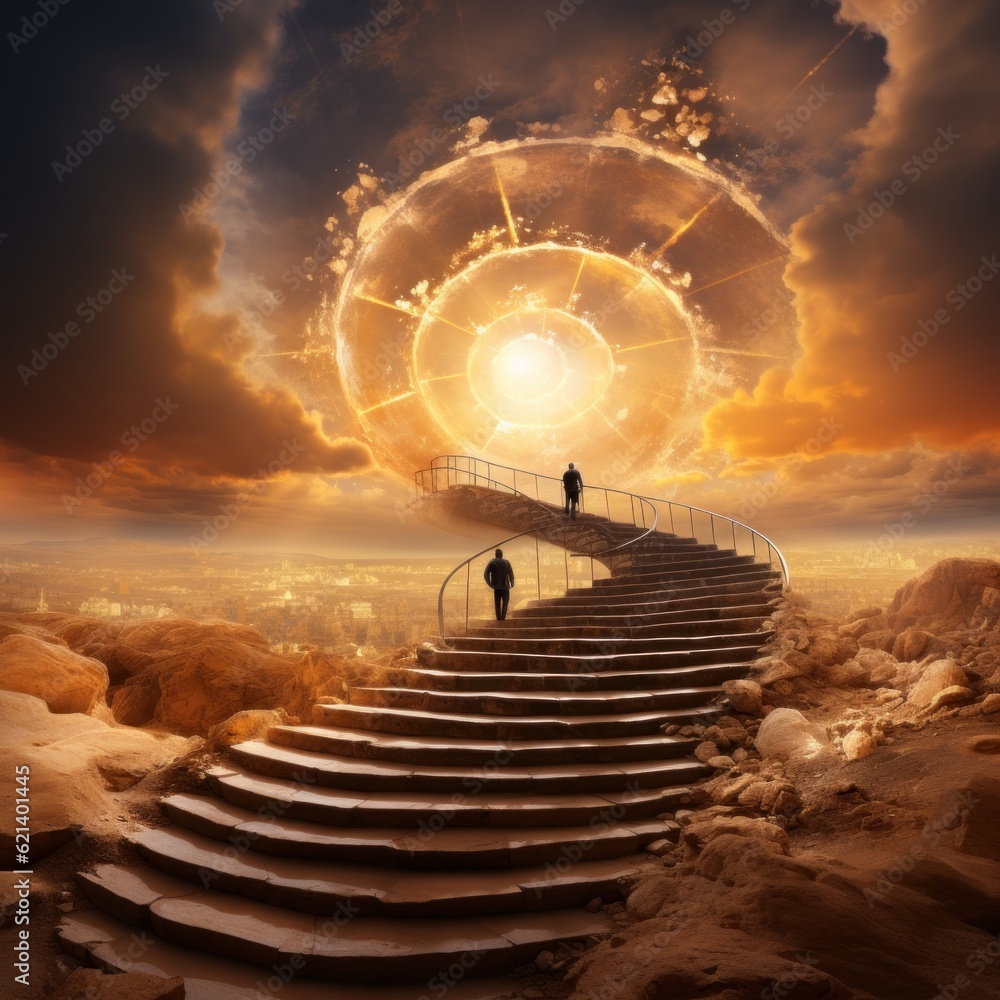 Poster a person standing on a set of stairs. generative ai image.