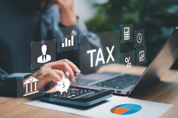 Individual income tax return form online for tax payment concept, Businessman calculate annual tax payment, Government, state taxes. Data analysis and tax refund with financial on virtual screen - obrazy, fototapety, plakaty