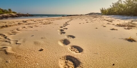 Fototapeta na wymiar Footprints on the beach sand background. AI Generated