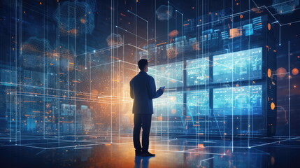 engineer working server room, internet network connection with data center, digital technology, database