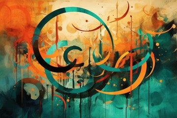 Beautiful Muslim Calligraphy on Bright Orange and Green Background Generative AI