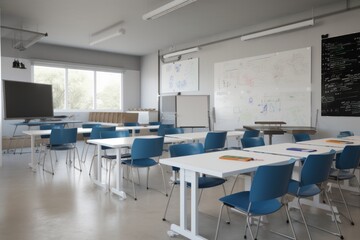 Fototapeta na wymiar Bright and Inviting School Classroom with Blue Chairs and White Desks Generative AI