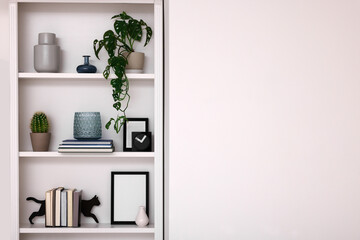 Interior design. Shelves with stylish accessories, potted plants and frame near white wall. Space for text