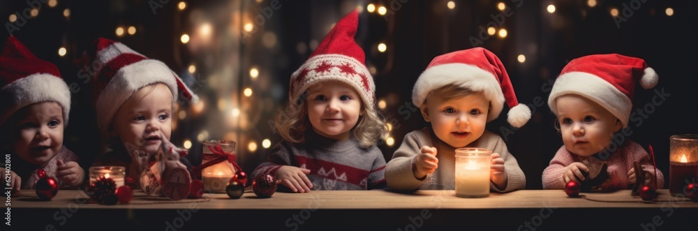 Poster a group of children sitting at a table with candles. generative ai image.