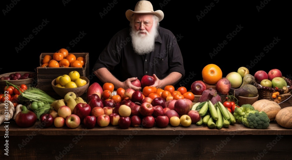 Poster A man in a cowboy hat sitting at a table full of fruits and vegetables. Generative AI image.