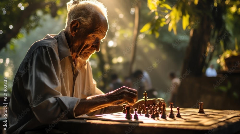 Poster An old man playing a game of chess. Generative AI image.