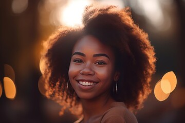 Fototapeta premium African-American Woman Smiling Outdoors: A Moment of Joy in the Sunlight Generative AI