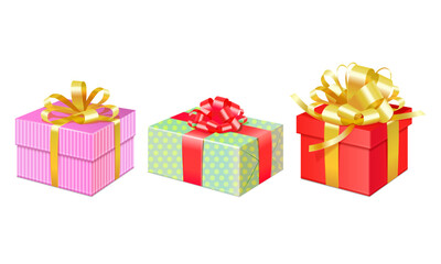 Fototapeta premium Vector gift boxes set. christmas or birthday presents with colorful wrap, ribbons and bows greeting cards elements