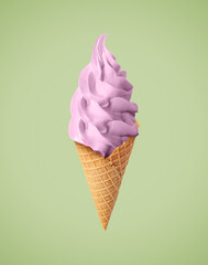 Delicious soft serve berry ice cream in crispy cone on pastel olive background