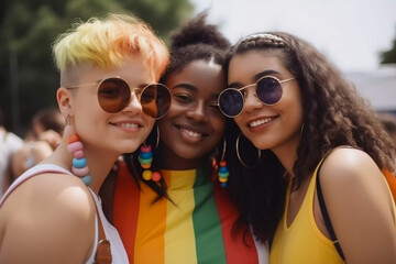 Happy diverse young ladies celebrating at a gay pride festival LGBTQ diversity and community concept
