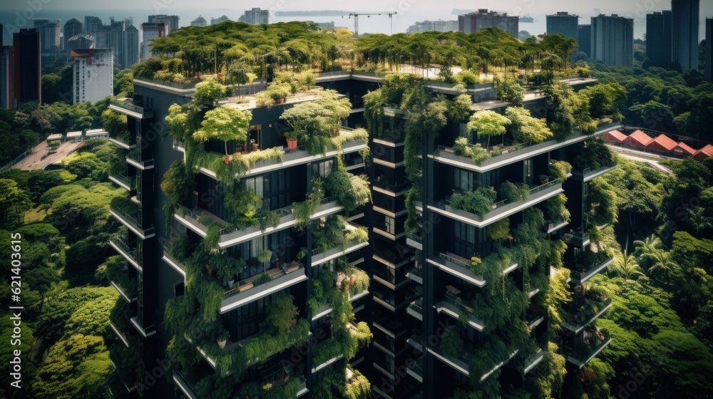 Poster a very tall building with a lot of trees on top of it. generative ai image.