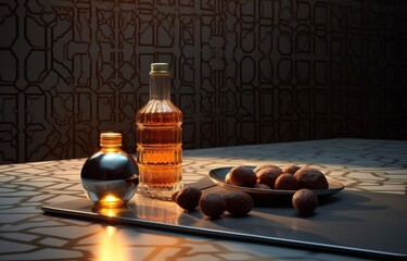 Obraz na płótnie Canvas Beauty & Wellness: Argan Oil & Dates on a Table, Kinetic Style Generative AI