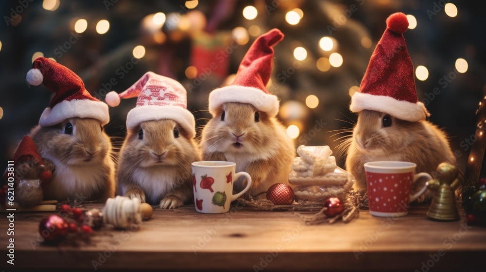 Poster a group of hamsters sitting next to each other on a table. generative ai image.