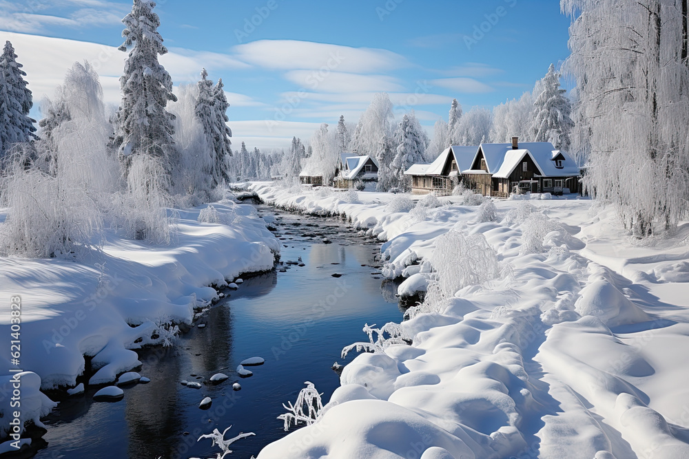 Aufkleber a stream running through a snow covered forest. generative ai.