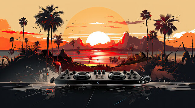 A dj deck in front of a sunset with palm trees. Generative AI.