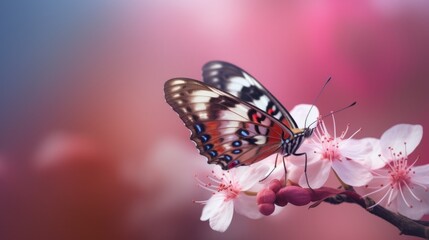 Beautiful Butterfly on Pink Flower with Soft Blur Background Generative AI