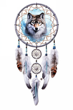 A drawing of a wolf with a dream catcher. Generative AI.