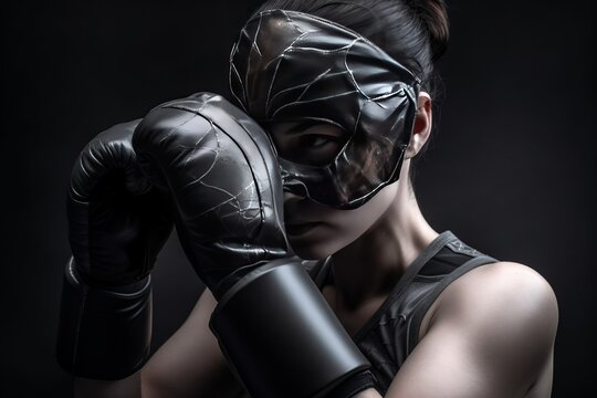 Powerful Female Boxer in Dynamic Gray and Black Outfit Generative AI