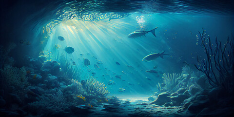 Fototapeta premium Underwater seascape - rays of light, fish and coral reef. Generative AI
