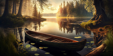 An old wooden boat near the shore of a small forest deserted lake. Generative AI