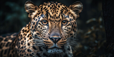 Fototapeta na wymiar Portrait of a jaguar or leopard in the wild, close-up. Generative AI
