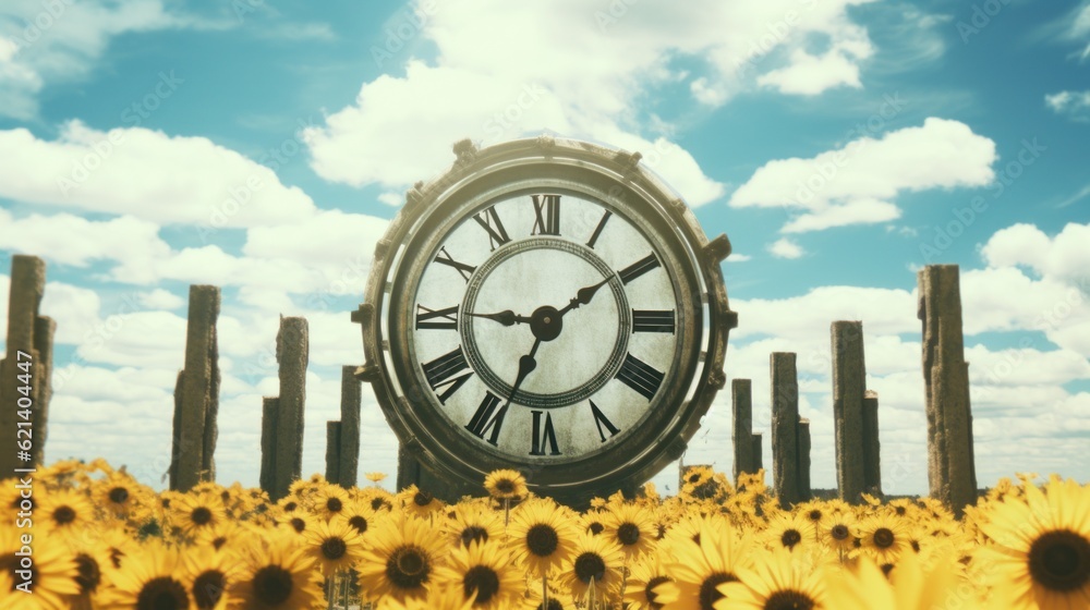 Poster a large clock in a field of sunflowers. generative ai image.