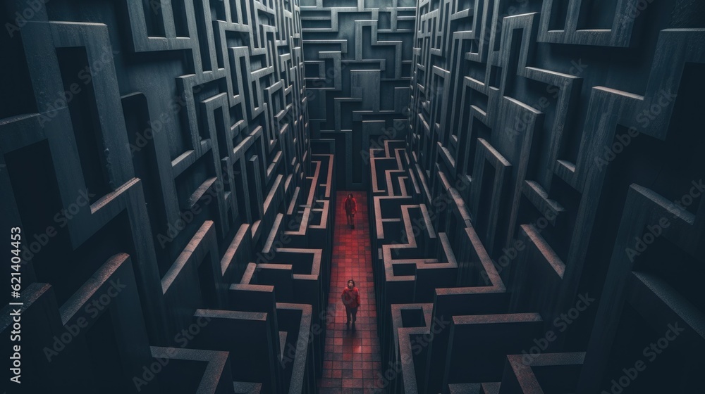 Poster a person walking through a maze in a dark room. generative ai image.