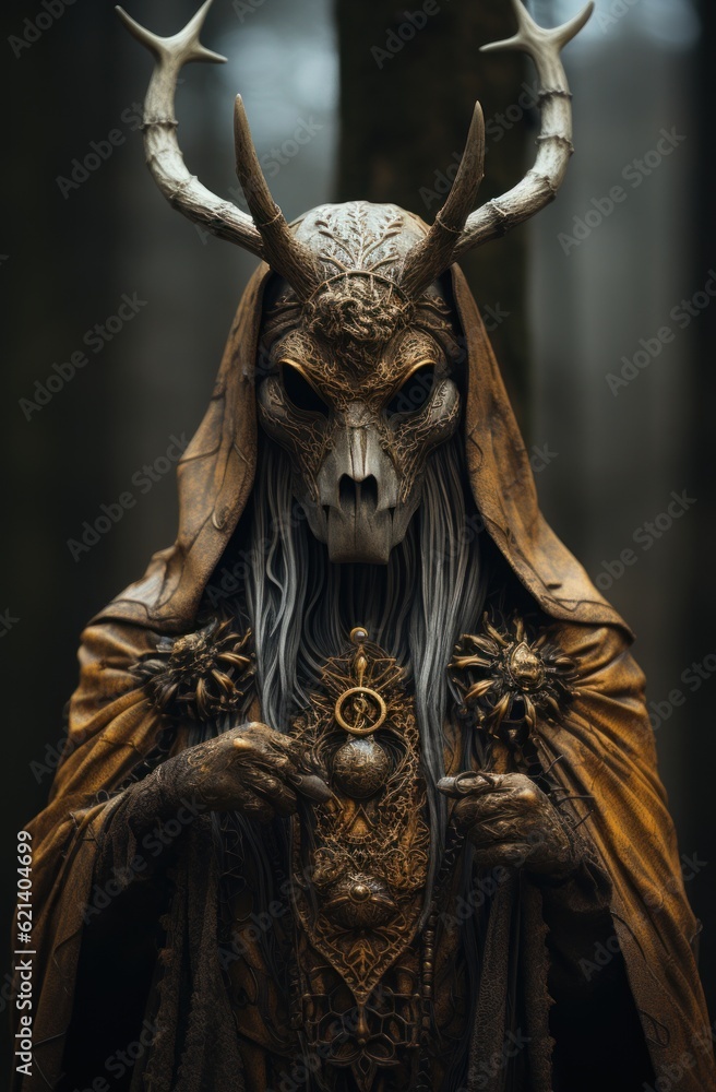 Poster a close up of a statue of a person with horns. generative ai image.