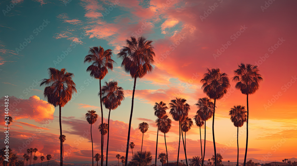 Poster a group of palm trees in front of a sunset. generative ai.