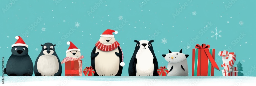 Poster a group of penguins standing next to each other. generative ai image.