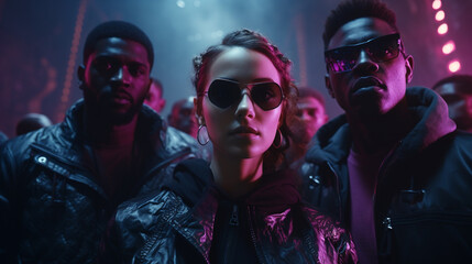 group of revolutionary people in a bunker, young woman with sunglasses and two african men. futuristic scifi distopyan atmosphere, blue and dark pink neon, purple light in the dark city. gothic punk